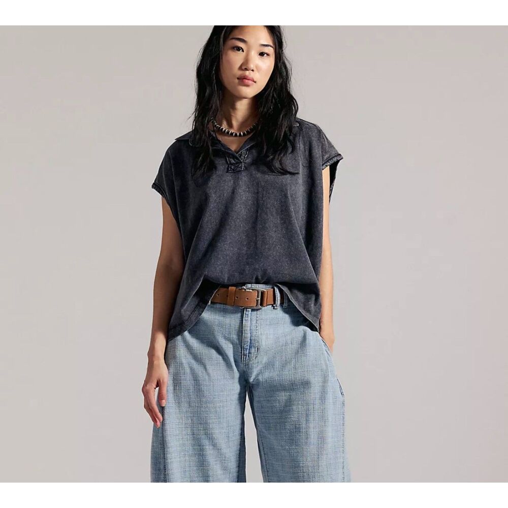 Free People We The Free Keep On Polo Dark Washed Blue Oversized Cotton Women M